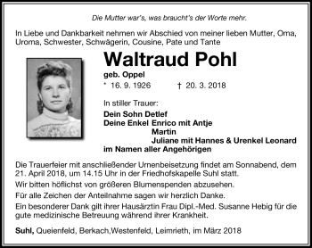 Traueranzeige von Waltraud Pohl von Südthüringer Presse