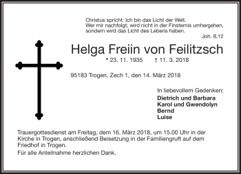 Traueranzeige von Helga Freiin von Feilitzsch von Frankenpost