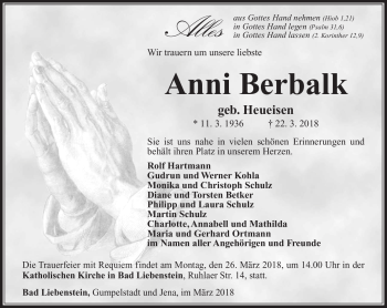 Traueranzeige von Anni Berbalk von Südthüringer Presse