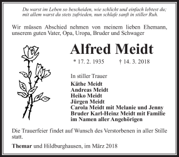 Traueranzeige von Alfred Meidt von Südthüringer Presse