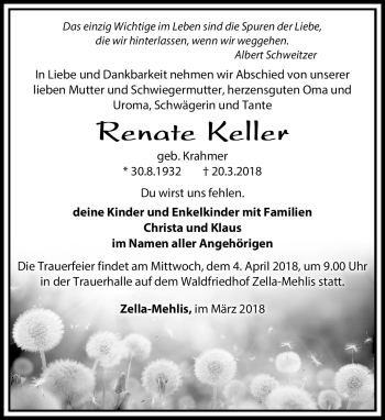 Traueranzeige von Renate Keller von Südthüringer Presse