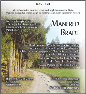 Traueranzeige von Manfred Brade von Südthüringer Presse