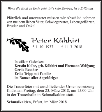 Traueranzeige von Peter Kühhirt von Südthüringer Presse