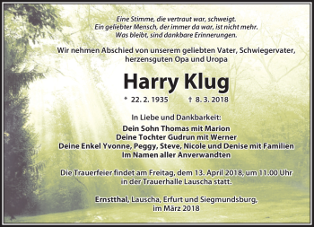 Traueranzeige von Harry Klug von Südthüringer Presse