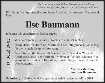 Traueranzeige von Ilse Baumann von Südthüringer Presse