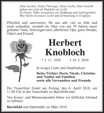 Traueranzeige von Herbert Knobloch von Südthüringer Presse