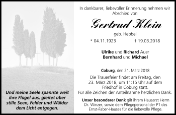Traueranzeige von Gertrud Klein von Neue Presse Coburg