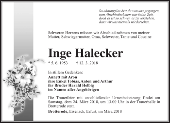 Traueranzeige von Inge Halecker von Südthüringer Presse