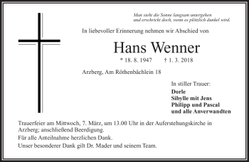 Traueranzeige von Hans Wenner von Frankenpost