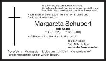Traueranzeige von Margareta Schubert von Frankenpost