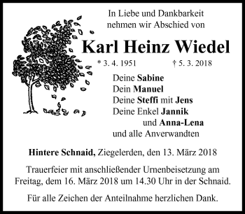 Traueranzeige von Karl Heinz Wiedel von Frankenpost