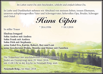Traueranzeige von Hans Cipin von Südthüringer Presse