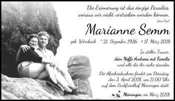 Traueranzeige von Marianne Semm von Südthüringer Presse