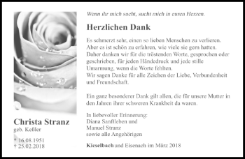 Traueranzeige von Christa Stranz von Südthüringer Presse