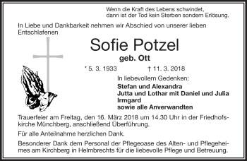 Traueranzeige von Sofie Potzel von Frankenpost