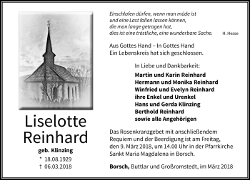 Traueranzeige von Liselotte Reinhard von Südthüringer Presse