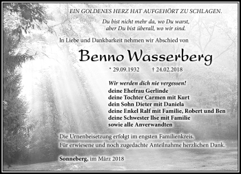 Traueranzeige von Benno Wasserberg von Südthüringer Presse