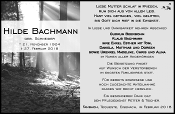 Traueranzeige von Hilde Bachmann von Südthüringer Presse