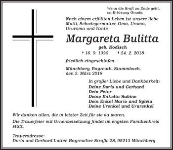 Traueranzeige von Margareta Bulitta von Frankenpost