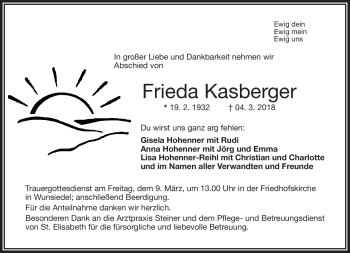 Traueranzeige von Frieda Kasberger von Frankenpost