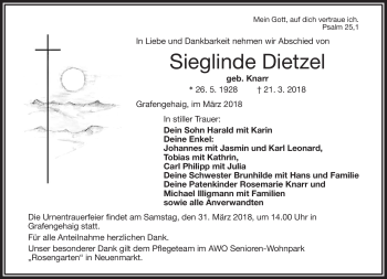 Traueranzeige von Sieglinde Dietzel von Frankenpost