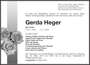 Traueranzeige von Gerda Heger von Südthüringer Presse