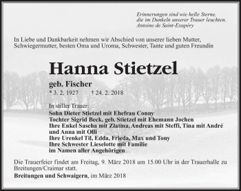 Traueranzeige von Hanna Stietzel von Südthüringer Presse
