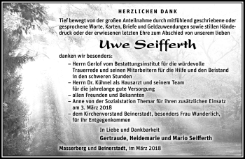 Traueranzeige von Uwe Seifferth von Südthüringer Presse