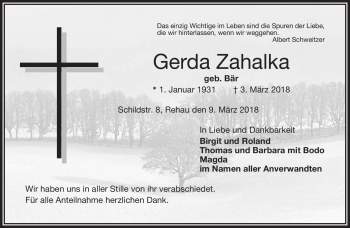 Traueranzeige von Gerda Zahalka von Frankenpost