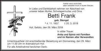 Traueranzeige von Betti Frank von Frankenpost