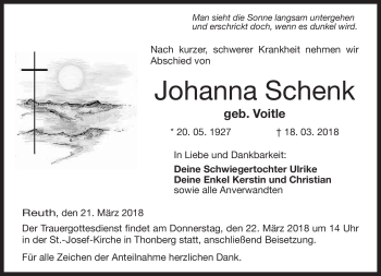 Traueranzeige von Johanna Schenk von Neue Presse Coburg
