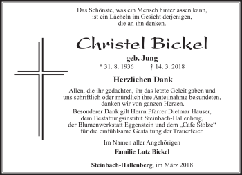 Traueranzeige von Christel Bickel von Südthüringer Presse