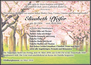 Traueranzeige von Elisabeth Pfeifer von Südthüringer Presse