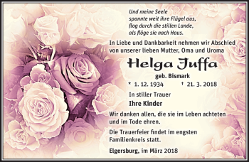 Traueranzeige von Helga Juffa von Südthüringer Presse