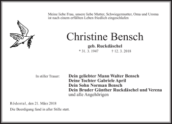 Traueranzeige von Christine Bensch von Neue Presse Coburg