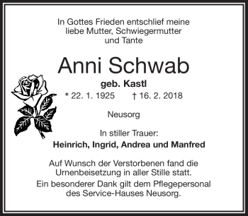Traueranzeige von Anni Schwab von Frankenpost