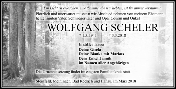 Traueranzeige von Wolfgang Scheler von Südthüringer Presse