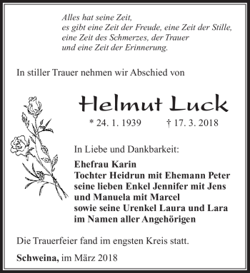 Traueranzeige von Helmut Luck von Südthüringer Presse