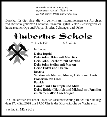 Traueranzeige von Hubertus Scholz von Südthüringer Presse