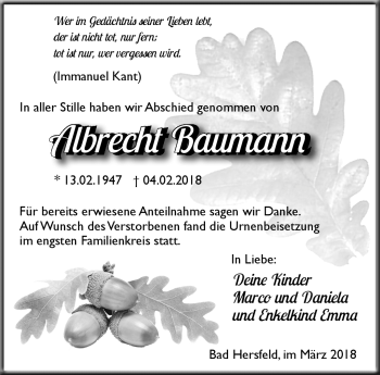 Traueranzeige von Albrecht Baumann von Südthüringer Presse