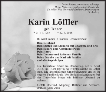 Traueranzeige von Karin Löffler von Südthüringer Presse