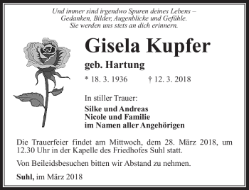 Traueranzeige von Gisela Kupfer von Südthüringer Presse