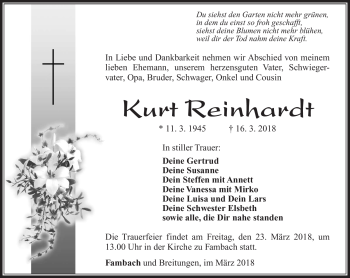 Traueranzeige von Kurt Reinhardt von Südthüringer Presse