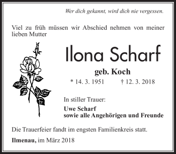 Traueranzeige von Ilona Scharf von Südthüringer Presse