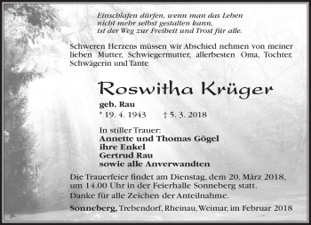 Traueranzeige von Roswitha Krüger von Südthüringer Presse