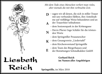 Traueranzeige von Lisbeth Reich von Südthüringer Presse