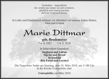 Traueranzeige von Marie Dittmar von Südthüringer Presse