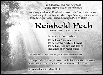 Traueranzeige von Reinhold Pech von Südthüringer Presse