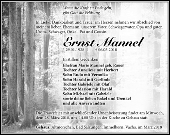 Traueranzeige von Ernst Mannel von Südthüringer Presse