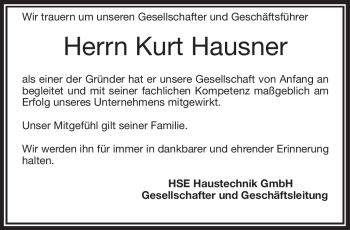 Traueranzeige von Kurt Hausner von Frankenpost